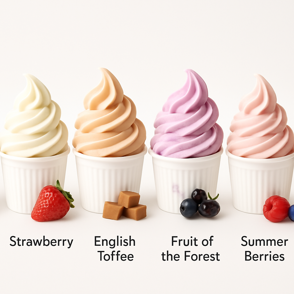Four cups of soft serve ice cream in different flavors: strawberry, English toffee, fruit of the forest, and summer berries.